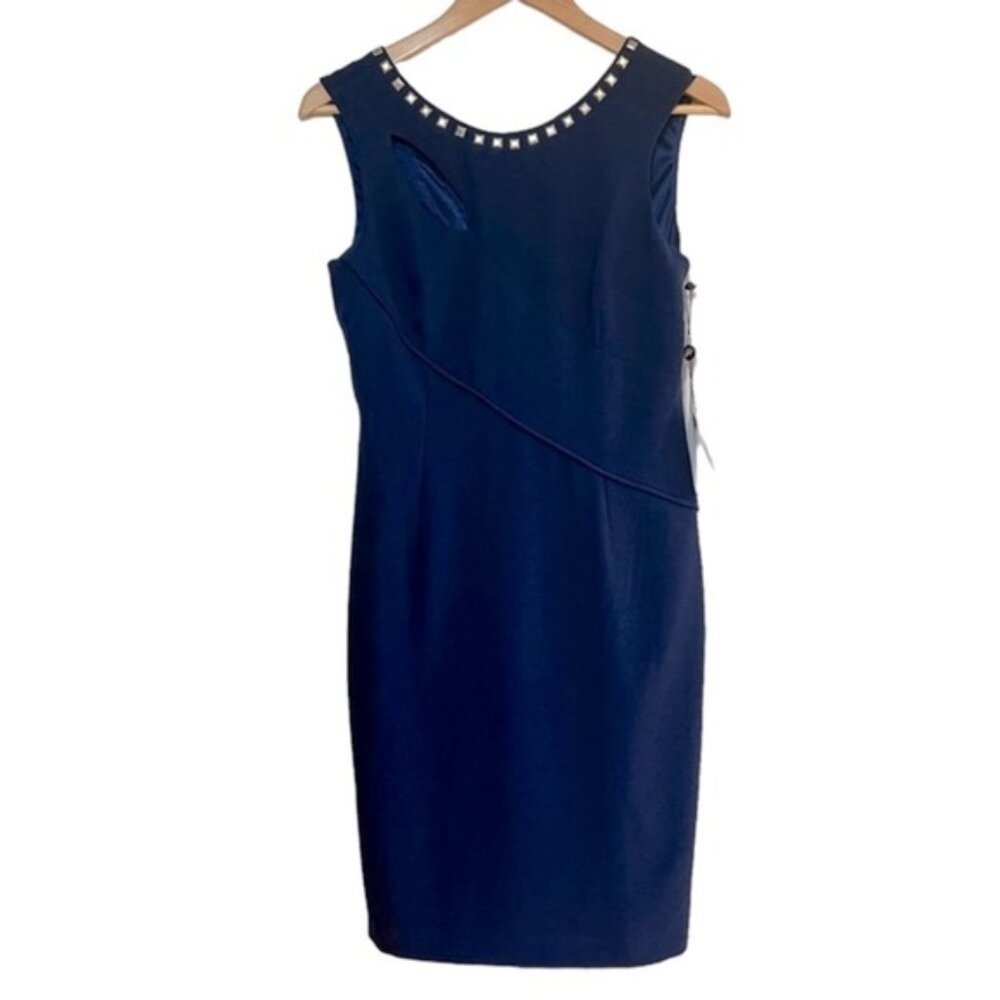 Adrianna Papell navy studded sheath dress with cut out  & asymmetrical seams, NW